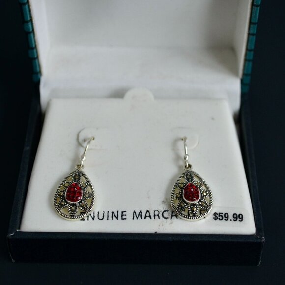 Silver Plate Genuine Marcasite Red Teardrop Earrings New - Picture 1 of 4